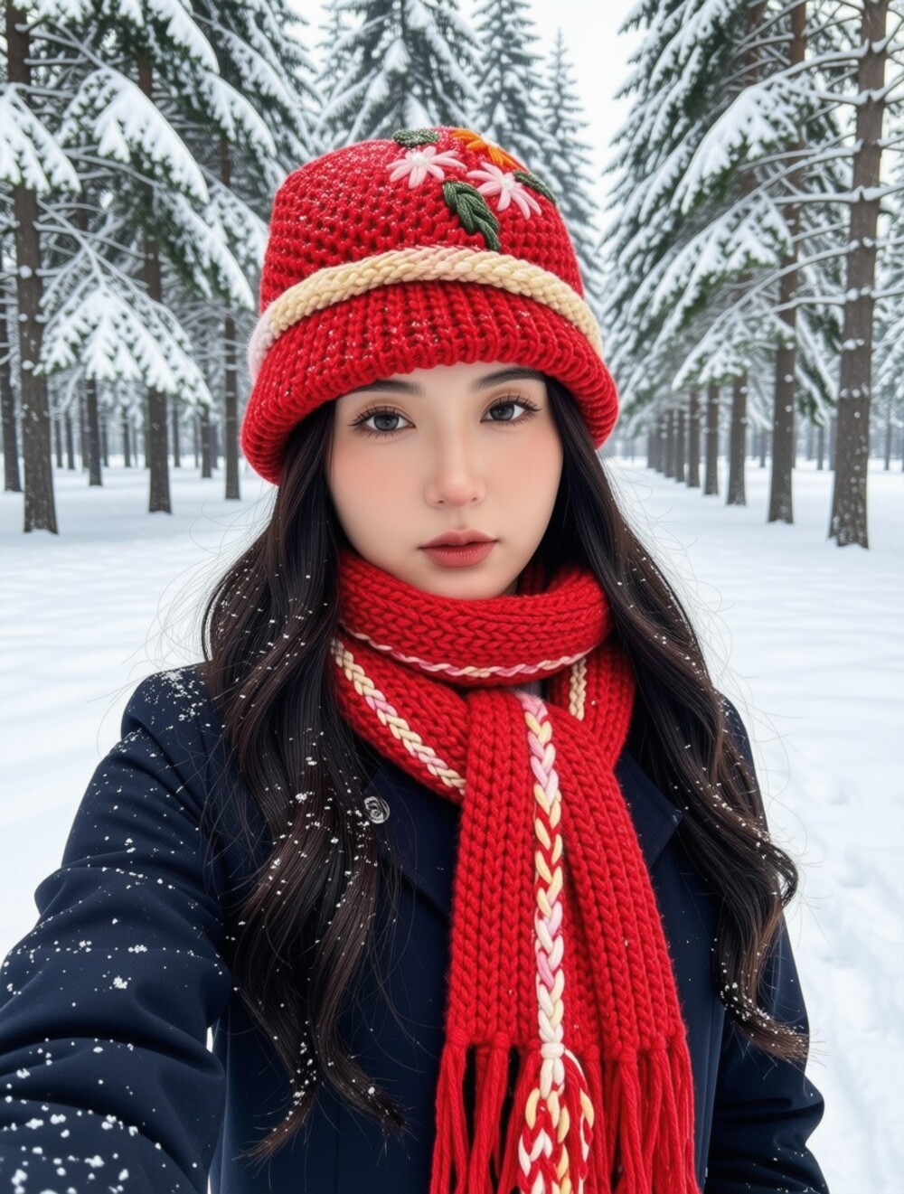 Hand Knit Crochet Red Beanie Hat & Matching Scarf Floral Embroidered Winter Set